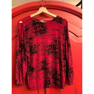 Chico's Travelers Sz 1 Med 8 Cold Shoulder Dressy Shirt Red Black Stretchy EUC